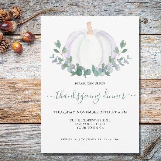 Witte pompoen Eucalyptus Thanksgiving Dinner Kaart