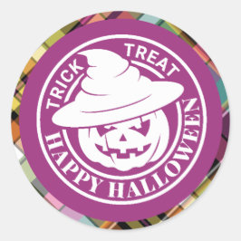 Witte Pompoen Gelukkig Halloween Kleurrijke Ruit Ronde Sticker