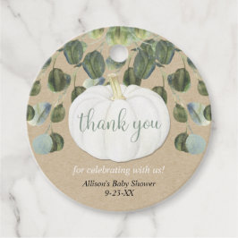 Witte pompoen groen eucalyptus rustieke herfst bedankjes labels