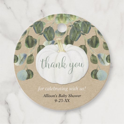 Witte pompoen groen eucalyptus rustieke herfst bedankjes labels (Voorkant)