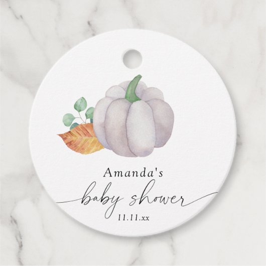 Witte pompoen herfst baby shower bedankjes labels (Voorkant)