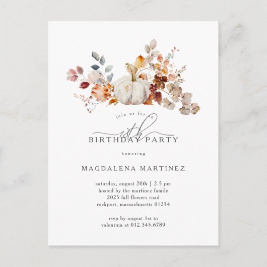 Witte Pompoen Herfst Bloemen 18e Verjaardagsfeest Uitnodiging Briefkaart (Voorkant)