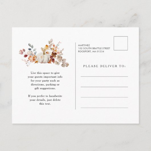 Witte Pompoen Herfst Bloemen 60ste Verjaardagsfees Uitnodiging Briefkaart (Achterkant)