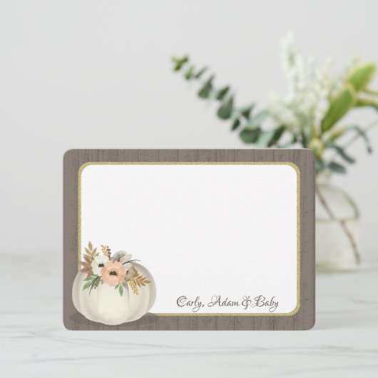 Witte Pompoen met bloemen en Schuur Hout Dank u Bedankkaart (Staand voorkant)