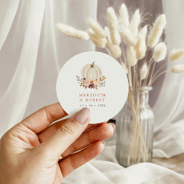 Witte Pompoen Paarse & Terracotta Bloemige Bruilof Ronde Sticker