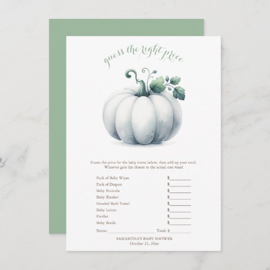 Witte Pompoen Prijs Spelkaart – Baby Shower voor d Kaart (Voorkant / Achterkant)