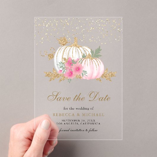 Witte Pompoen Roze Bloemen Huwelijk Save the Date Acryl Uitnodigingen (Insitu (Draagbaar))