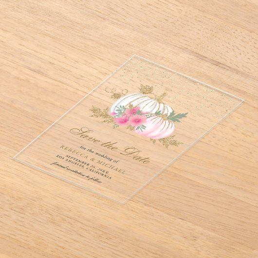 Witte Pompoen Roze Bloemen Huwelijk Save the Date Acryl Uitnodigingen (Laagn)