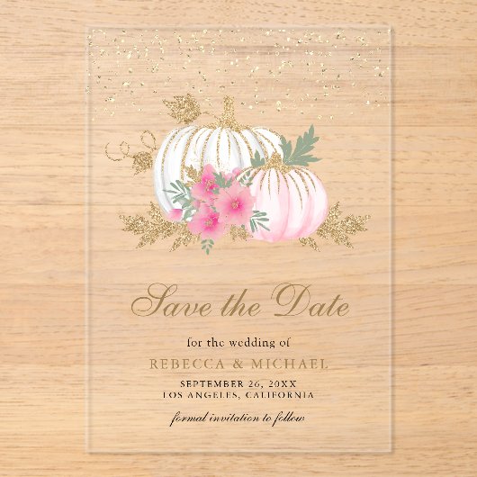 Witte Pompoen Roze Bloemen Huwelijk Save the Date Acryl Uitnodigingen (Voorkant)