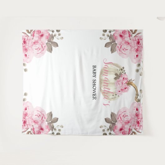 Witte Pompoen Roze Waterverf Bloemen Baby shower Wandkleed (Voorkant (horizontaal))