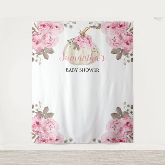 Witte Pompoen Roze Waterverf Bloemen Baby shower Wandkleed (Voorkant)
