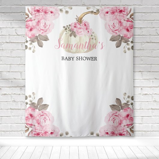 Witte Pompoen Roze Waterverf Bloemen Baby shower Wandkleed