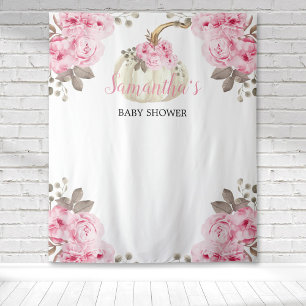 Witte Pompoen Roze Waterverf Bloemige Baby Shower Wandkleed