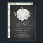 Witte pompoen Rustic Chalkboard Herfst Vrijgezelle Kaart<br><div class="desc">Herfst in liefde! Viel met deze rotsachtige en griezelige doucheuitnodiging. Het bevat afbeeldingen van de waterverf van witte pompoen,  groene en witte bloemen met een faux chalkboard achtergrond. Personaliseer door namen,  datum,  tijd,  plaats en andere gebeurtenisdetails toe te voegen. Deze pompoenuitnodiging is perfect voor herfst vrijgezellenfeesten.</div>