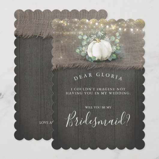 Witte pompoen rustiek land bruidsmeisje voorstel kaart (Voorkant / Achterkant)