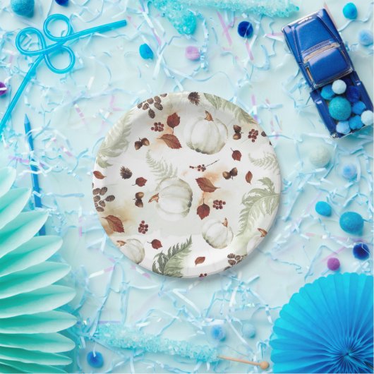 Witte pompoen rustieke herfst bladeren patroon papieren bordje (Feest)