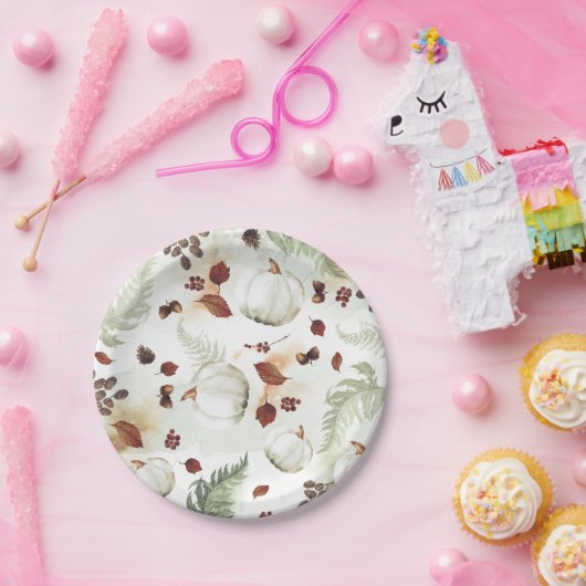 Witte pompoen rustieke herfst bladeren patroon papieren bordje (Feest)