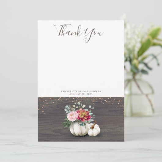 Witte Pompoen Rustieke Houten Dank Je Bedankkaart (Staand voorkant)