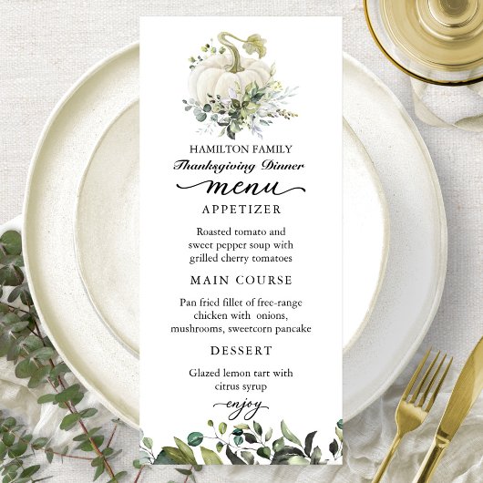 Witte Pompoen Thanksgiving Dinner Menu Card