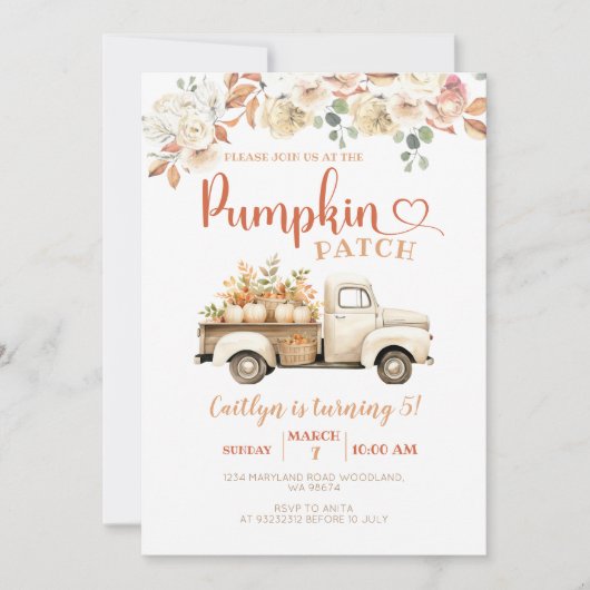 Witte Pompoen Truck Patch 5e Verjaardag Party Kaart (Voorkant)