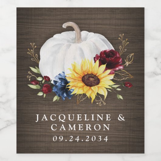 Witte Pompoen Zonnebloem Rozen Gouden Herfst Bruil Wijn Etiket (Enkel label)