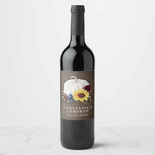 Witte Pompoen Zonnebloem Rozen Gouden Herfst Bruil Wijn Etiket (Voorkant)