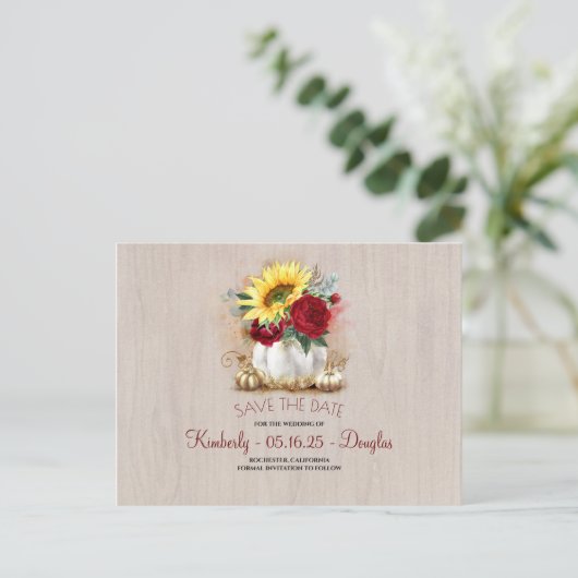 Witte Pompoen Zonnebloemen Vaas Herfst Save the Da Aankondigingskaart (Staand voorkant)