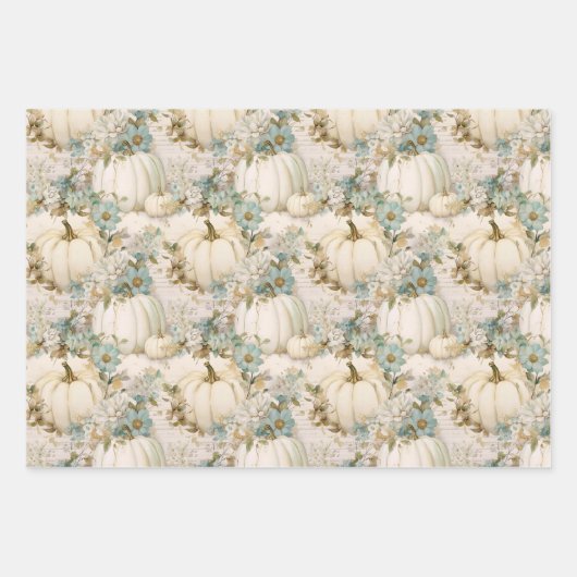 Witte pompoenen Aqua Blue Herfst Waterverf Bloemen Inpakpapier Vel (Voorkant)