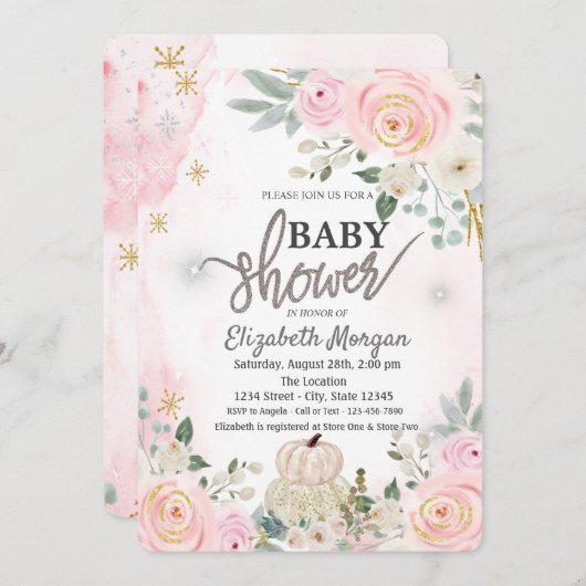 Witte pompoenen, bloemen baby shower uitnodiging (Voorkant / Achterkant)