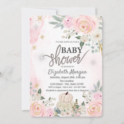 Witte pompoenen, bloemen baby shower uitnodiging (Voorkant)