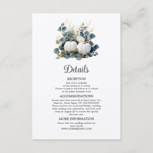 Witte pompoenen en eucalyptus details informatiekaartje (Voorkant)