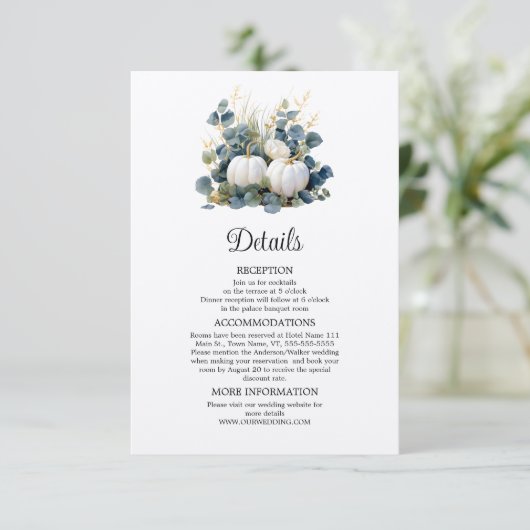 Witte pompoenen en eucalyptus details informatiekaartje (Staand voorkant)