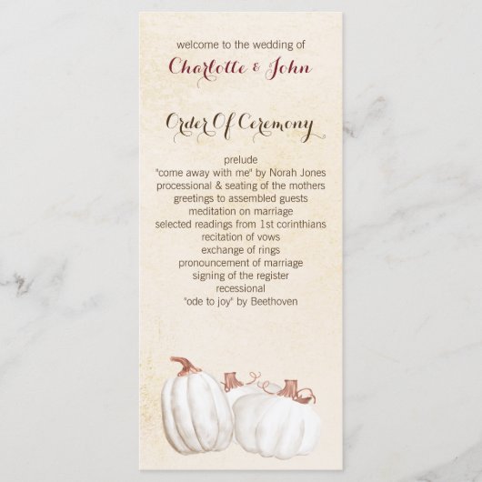 witte pompoenen herfst oogsten bruiloft programma' programmakaart (Voorkant)