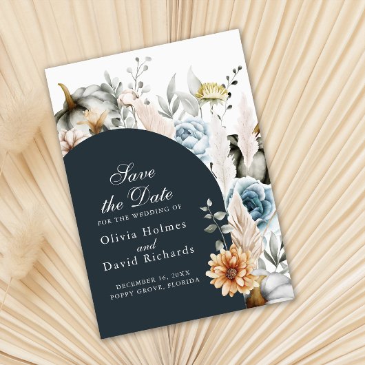 Witte pompoenen met wilde bloemen Save the Date Ka