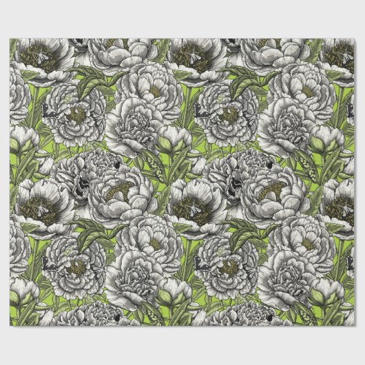 Witte pony-bloemen en -moten cadeaupapier (Vlak)