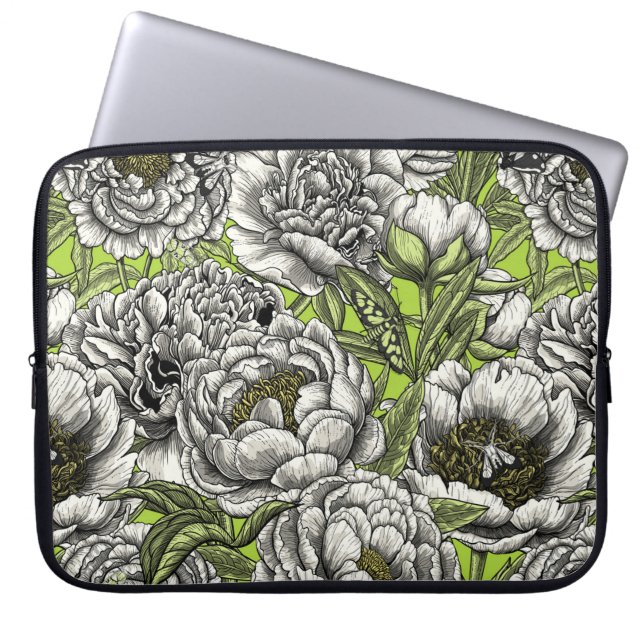 Witte pony-bloemen en -moten laptop sleeve (Voorkant)