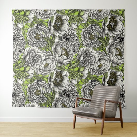 Witte pony-bloemen en -moten wandkleed (In Situ (horizontaal))