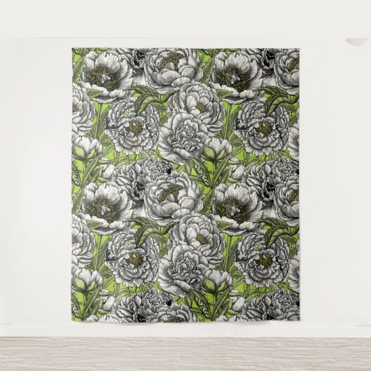 Witte pony-bloemen en -moten wandkleed (Voorkant)