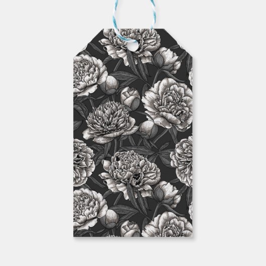 Witte pony bloemen op donkergrijs cadeaulabel (Achterkant)