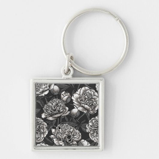 Witte pony bloemen op donkergrijs sleutelhanger (Voorkant)