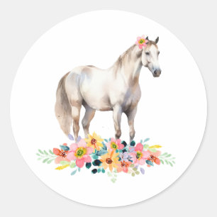Witte Pony Bloemen Waterverf Paard Ronde Sticker