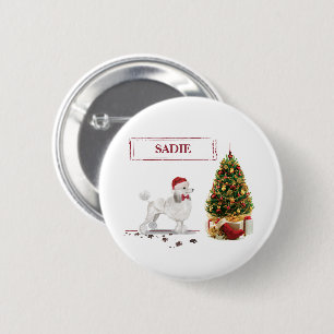 Witte Poodle Grappige Kersthond met Boom Ronde Button 5,7 Cm