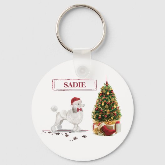 Witte Poodle Grappige Kersthond met Boom Sleutelhanger (Voorkant)