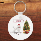 Witte Poodle Grappige Kersthond met Boom Sleutelhanger (Voorkant)