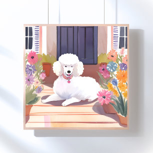Witte Poodle   Hond Huisdier Waterverf Bloemen Poster