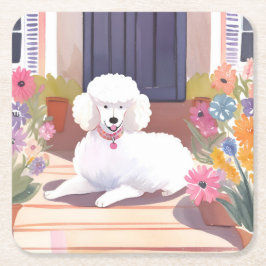 Witte Poodle | Hond Waterverf Bloemen Kartonnen Onderzetters