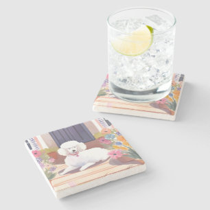 Witte Poodle   Hond Waterverf Bloemen Stenen Onderzetter