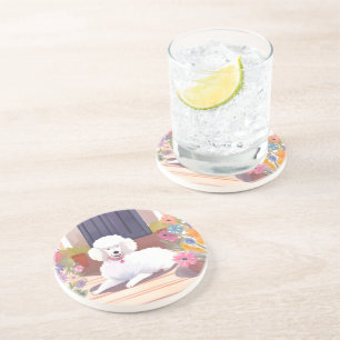 Witte Poodle   Hond Waterverf Bloemen Zandsteen Onderzetter