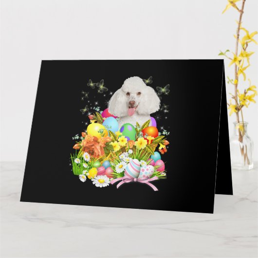 Witte Poodle Konijn Hond Met Pasen Eieren Mand Coo Kaart (Gele Bloem)