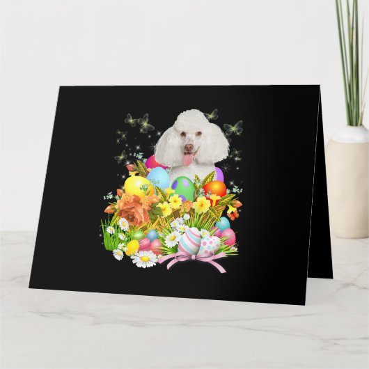 Witte Poodle Konijn Hond Met Pasen Eieren Mand Coo Kaart (Voorkant)